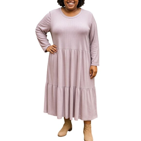 NLT Dresses & Skirts - NLT Womens Pink Tiered Midi Long Sleeve Ribbed Knit Fabric Dress Size 3XL